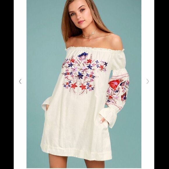 FREE PEOPLE FLEUR DU JOUR FLORAL EMBROIDERED OFF SHOULDER DRESS Sz- Xs - Picture 1 of 15